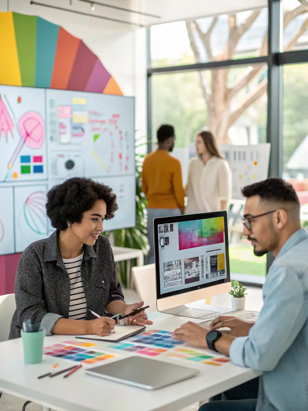 An image of a creative team brainstorming with digital content mockups displayed, representing synbiox's content creation service.