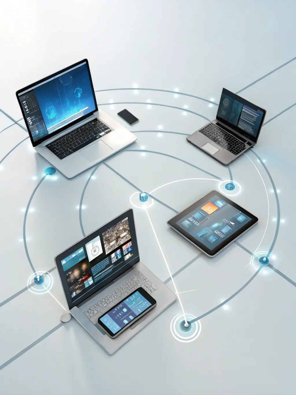An image showing a network of interconnected devices and data streams, illustrating optimized traffic flow and engagement across various digital platforms for synbiox's advertising services.
