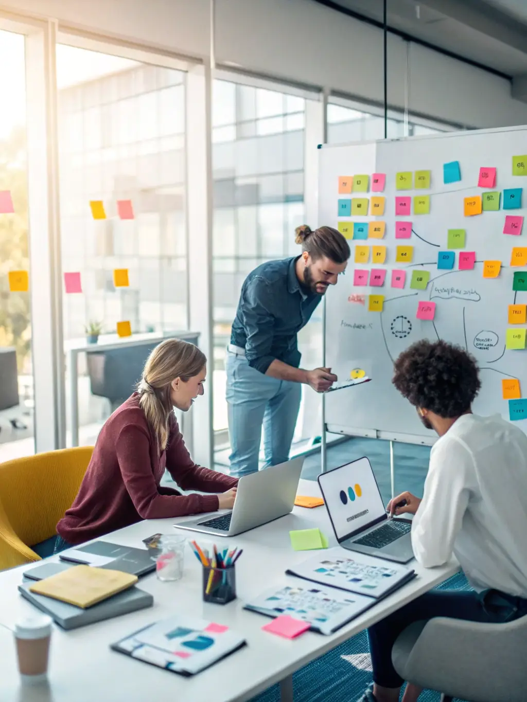 A creative team collaborating on content creation, with digital mockups displayed on screens, showcasing Synbiox's innovative approach to content development.