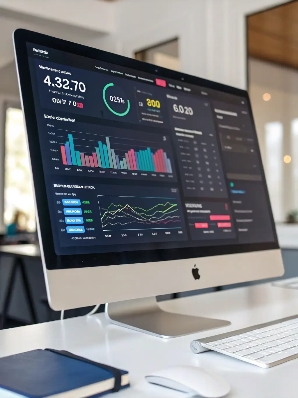 An image showing a dashboard with various advertising metrics and charts, representing the comprehensive and data-driven approach of synbiox's advertising services.